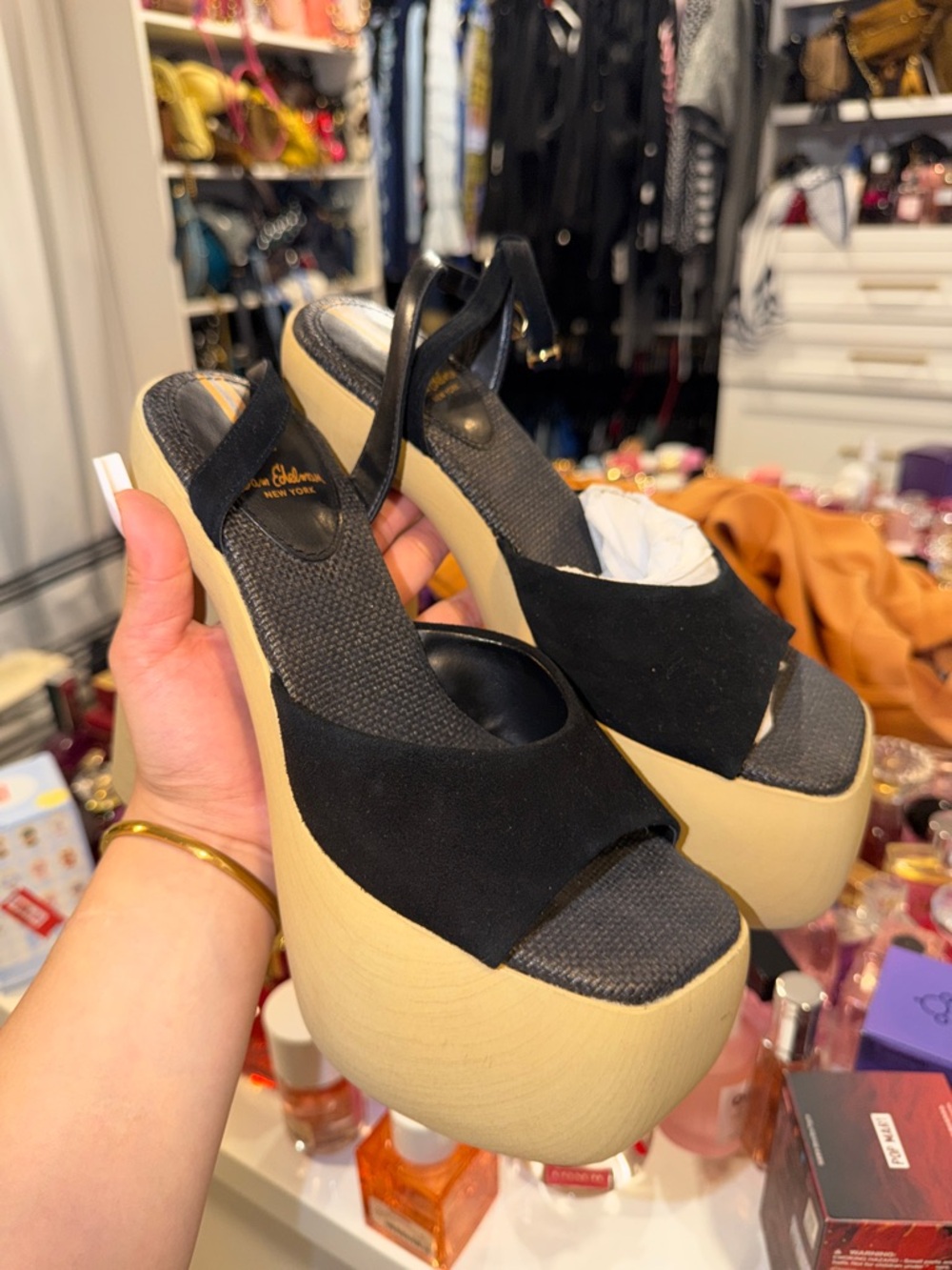 Sam Edelman Black Suede Platform Wedge Sandals with Tan Platform